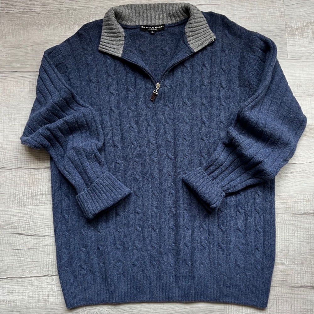 Daniele Blasi Mens XL Navy Blue Wool Blend Cable Knit Quarter Zip Sweater Italy